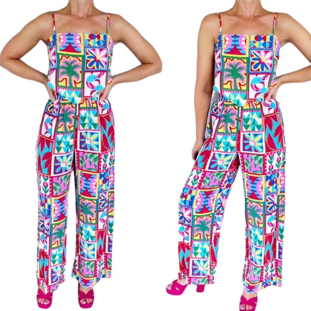 Japna Multicolor Tropical Print Jumpsuit - Pink, Turquoise, Green